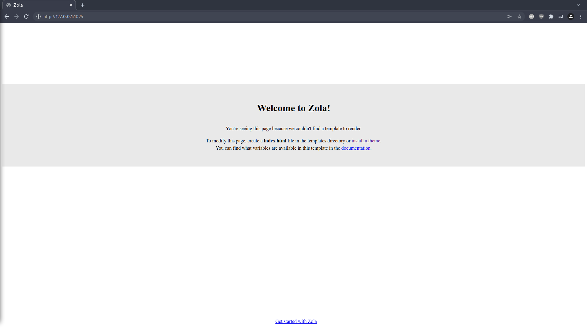 Screenshot of blank Zola site